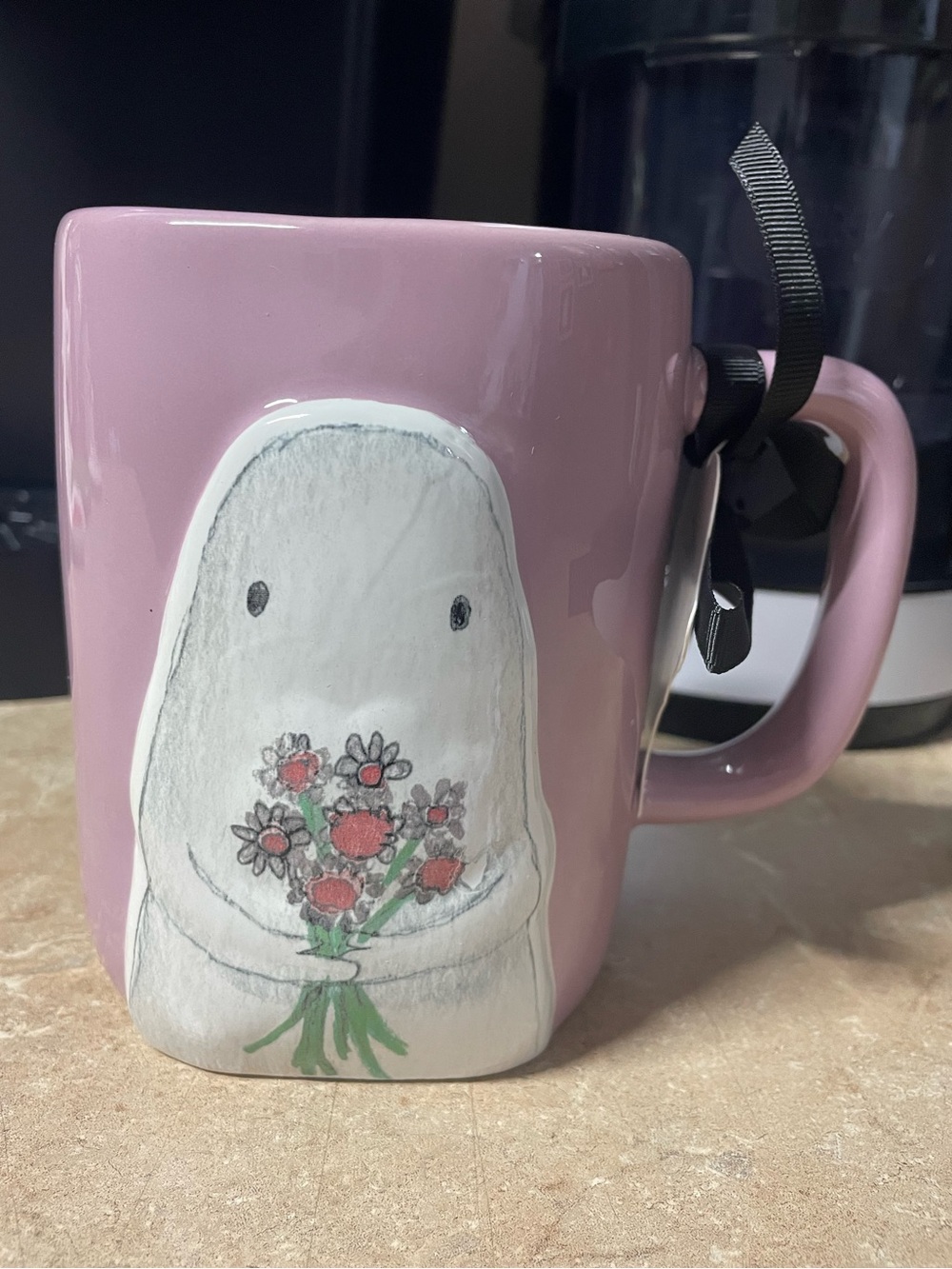 NWT Rae Dunn Hey Boo Ghost Holding Bouquet Ceramic Mug Cup Floral Halloween